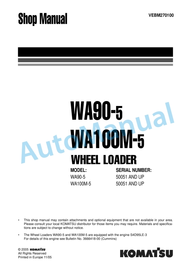 Komatsu WA90-5, WA100M-5 Wheel Loader Shop Manual VEBM270100