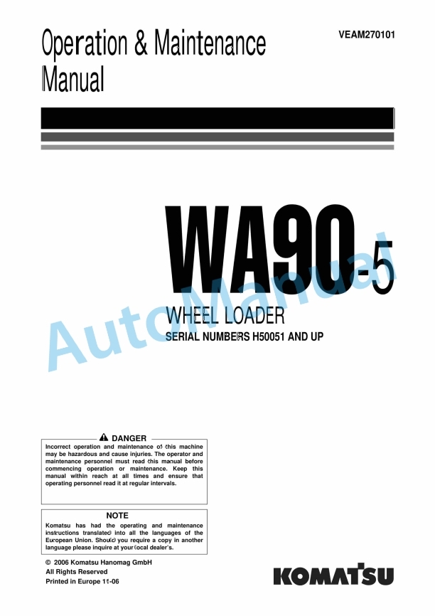 Komatsu WA90-5 Wheel Loader Operation and Maintenance Manual VEAM270101