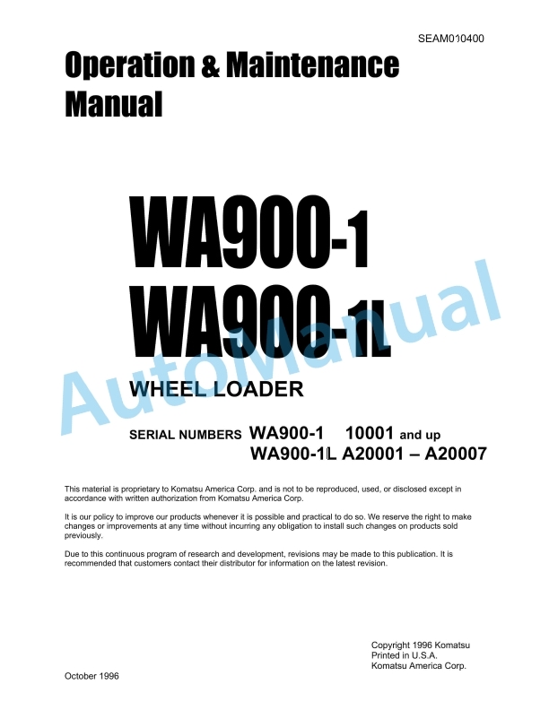 Komatsu WA900-1, WA900-1L Wheel Loader Operation and Maintenance Manual SEAM010400