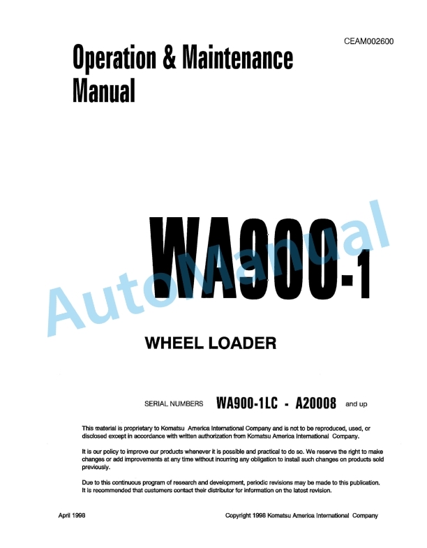 Komatsu WA900-1 Wheel Loader Operation and Maintenance Manual CEAM002600
