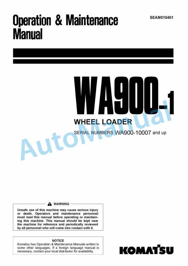Komatsu WA900-1 Wheel Loader Operation and Maintenance Manual SEAM010401