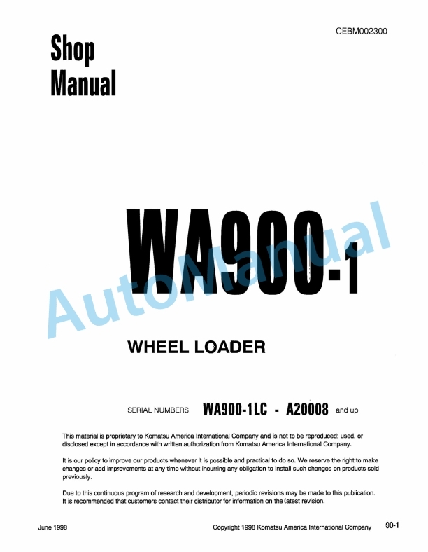 Komatsu WA900-1 Wheel Loader Shop Manual CEBM002300