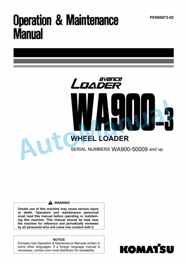Komatsu WA900-3 Avance Wheel Loader Operation and Maintenance Manual PEN00073-02