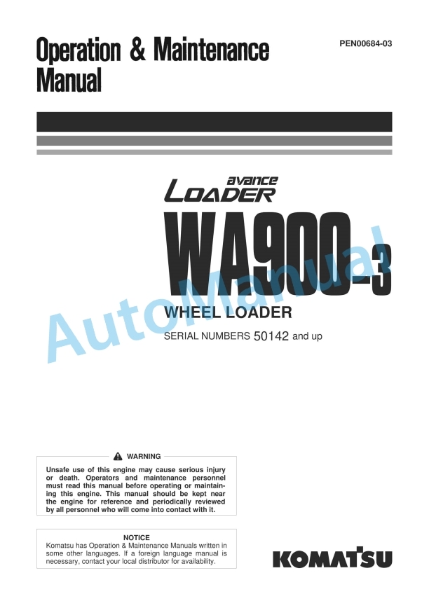 Komatsu WA900-3 Avance Wheel Loader Operation and Maintenance Manual PEN00684-03