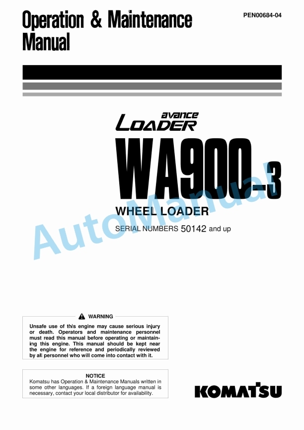 Komatsu WA900-3 Avance Wheel Loader Operation and Maintenance Manual PEN00684-04