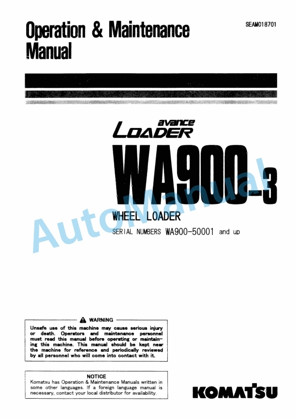 Komatsu WA900-3 Avance Wheel Loader Operation and Maintenance Manual SEAM018701