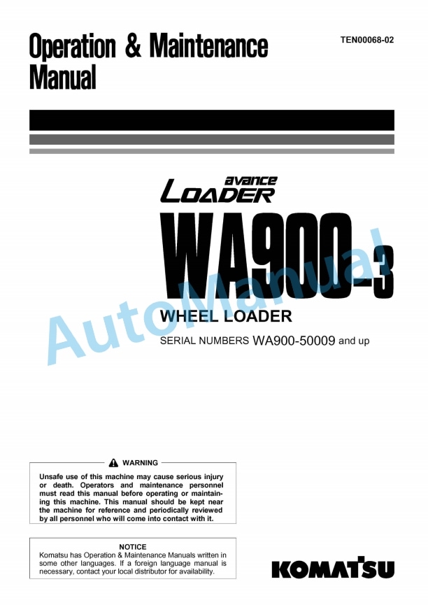 Komatsu WA900-3 Avance Wheel Loader Operation and Maintenance Manual TEN00068-02