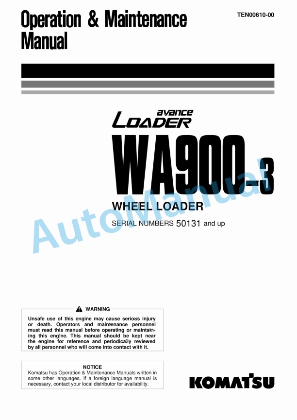 Komatsu WA900-3 Avance Wheel Loader Operation and Maintenance Manual TEN00610-00