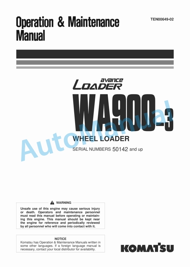 Komatsu WA900-3 Avance Wheel Loader Operation and Maintenance Manual TEN00649-02