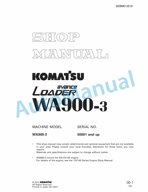 Komatsu WA900-3 Avance Wheel Loader Shop Manual SEBM013516