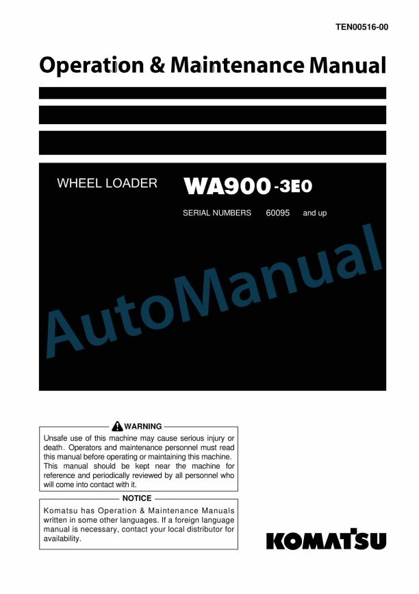 Komatsu WA900-3E0 Wheel Loader Operation and Maintenance Manual TEN00516-00