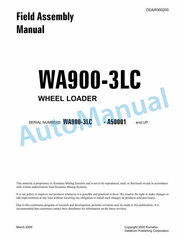Komatsu WA900-3LC Wheel Loader Field Assembly Instruction CEAW000200