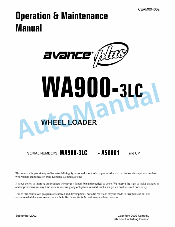 Komatsu WA900-3LC Wheel Loader Operation and Maintenance Manual CEAM004002