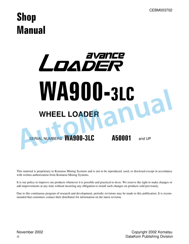 Komatsu WA900-3LC Wheel Loader Shop Manual CEBM003702