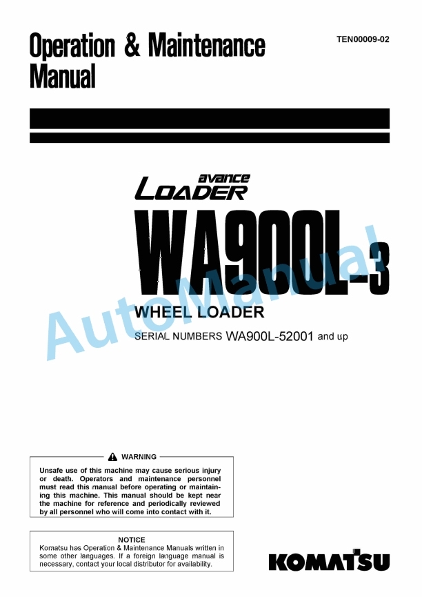 Komatsu WA900L-3 Avance Wheel Loader Operation and Maintenance Manual TEN00009-02