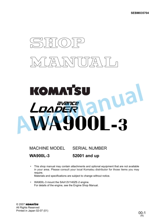Komatsu WA900L-3 Avance Wheel Loader Shop Manual SEBM035704