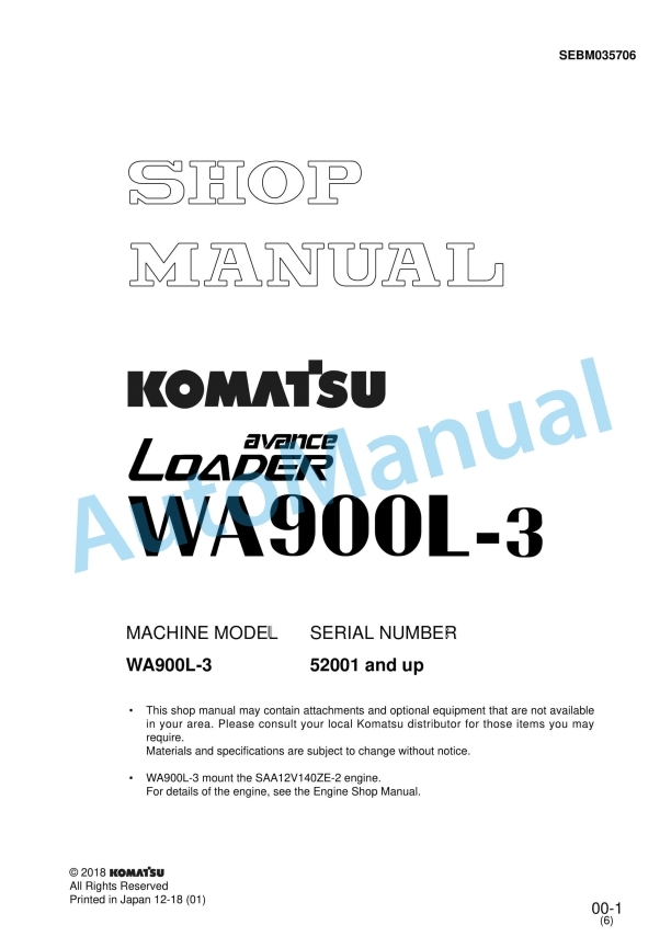 Komatsu WA900L-3 Avance Wheel Loader Shop Manual SEBM035706