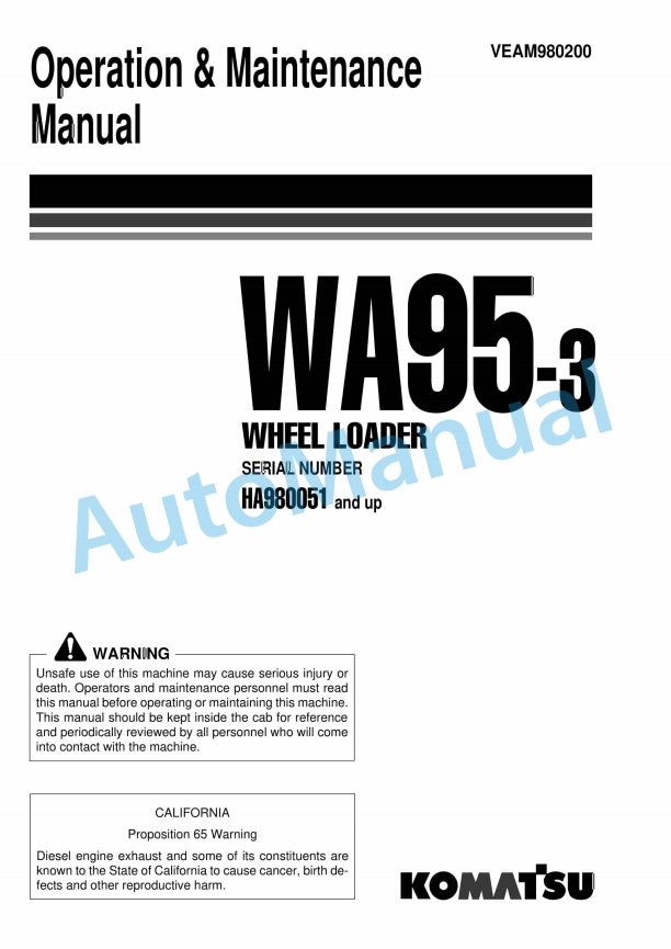 Komatsu WA95-3 Wheel Loader Operation and Maintenance Manual VEAM980200