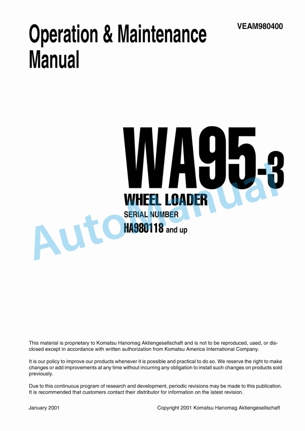 Komatsu WA95-3 Wheel Loader Operation and Maintenance Manual VEAM980400