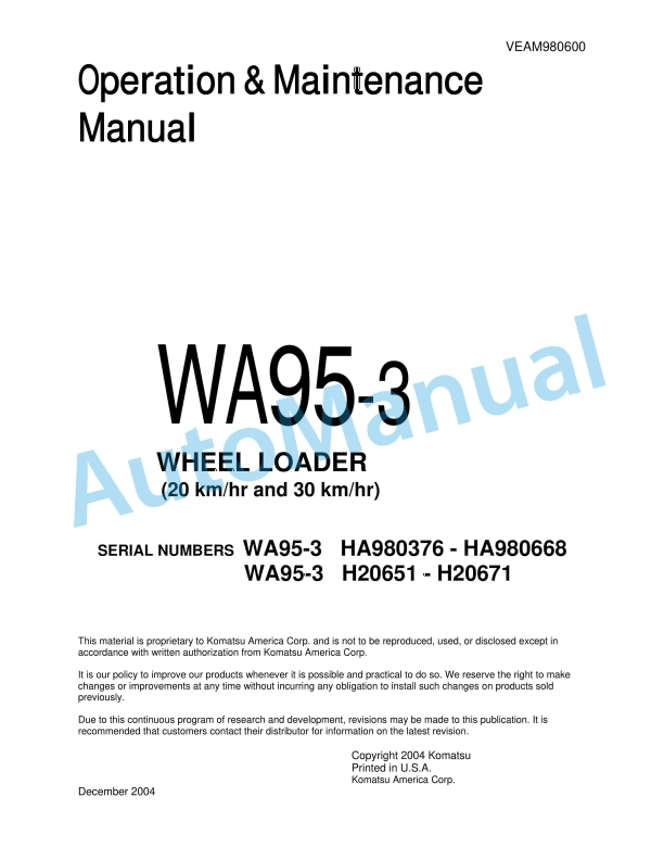 Komatsu WA95-3 Wheel Loader Operation and Maintenance Manual VEAM980600