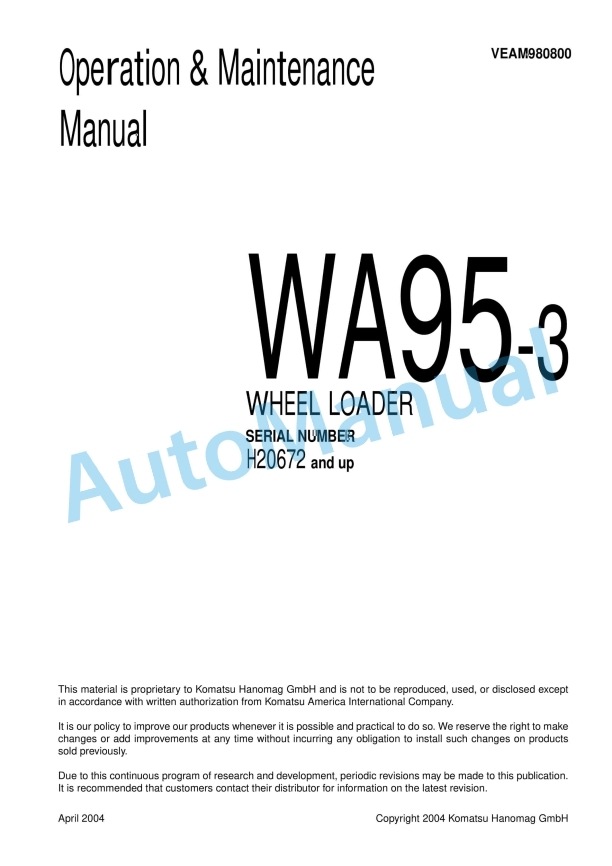 Komatsu WA95-3 Wheel Loader Operation and Maintenance Manual VEAM980800