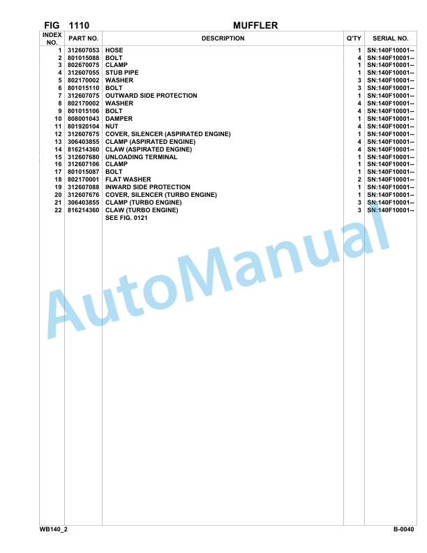 Komatsu WB140-2 Backhoe Loader Parts Manual 140F10001-UP-2