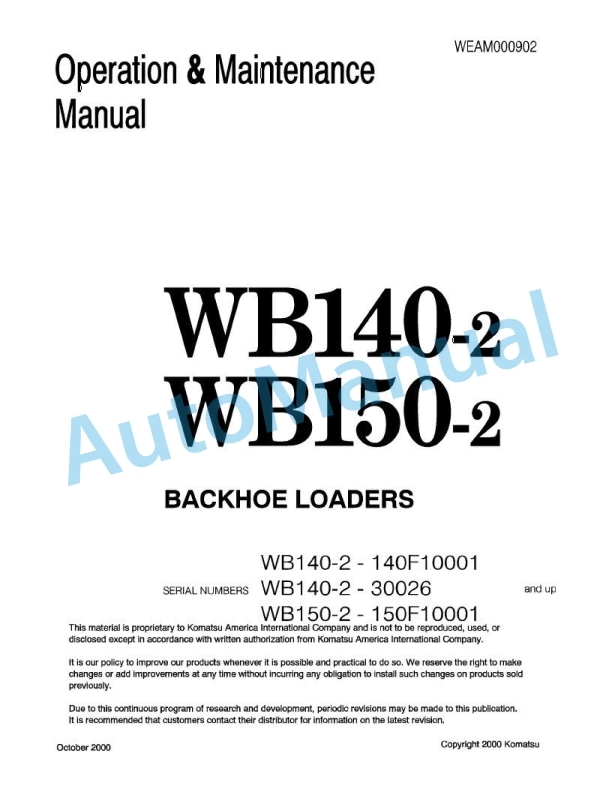 Komatsu WB140-2, WB150-2 Backhoe Loader Operation and Maintenance Manual WEAM000902