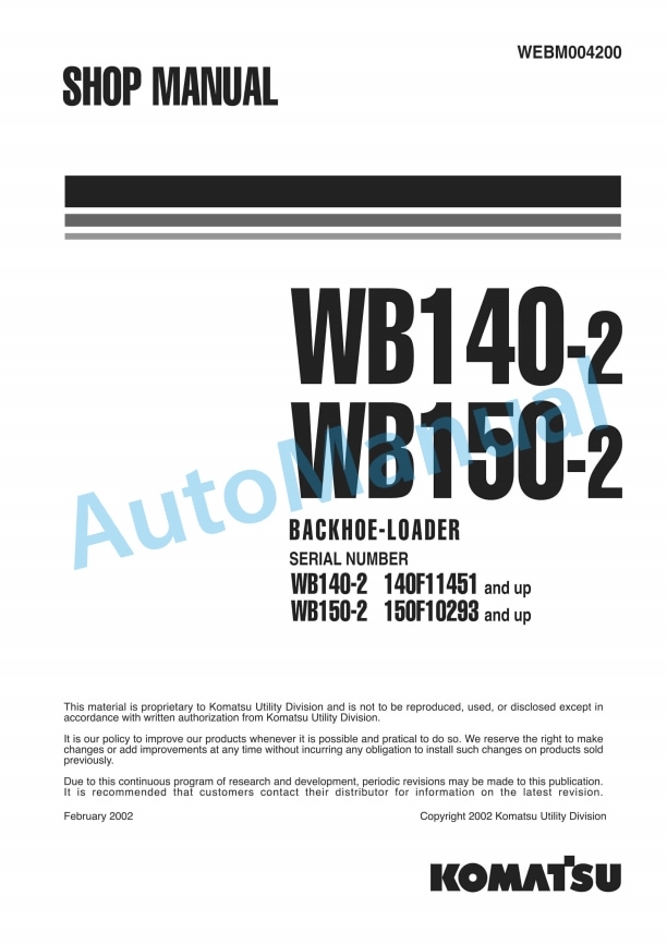 Komatsu WB140-2, WB150-2 Backhoe Loader Shop Manual WEBM004200