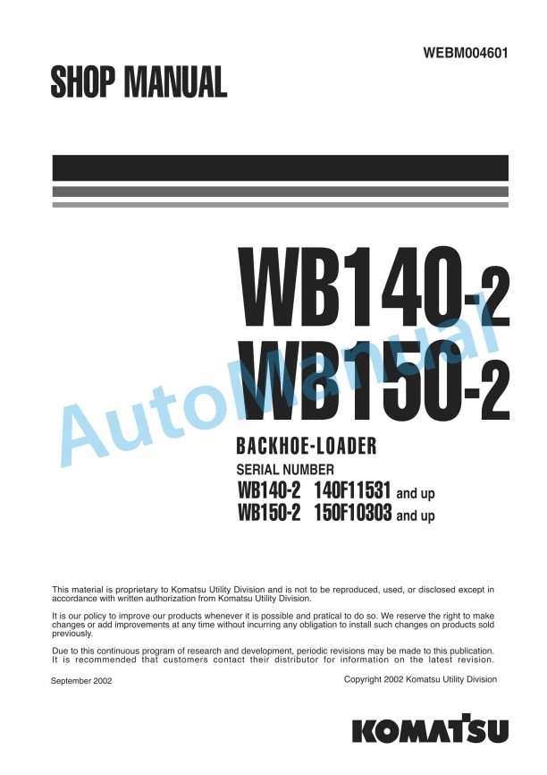Komatsu WB140-2, WB150-2 Backhoe Loader Shop Manual WEBM004601