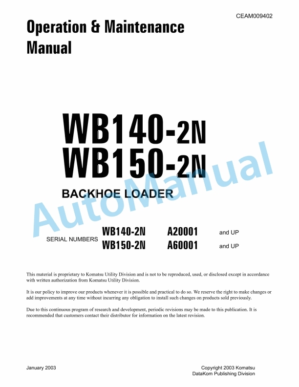 Komatsu WB140-2N, WB150-2N Backhoe Loader Operation and Maintenance Manual CEAM009402