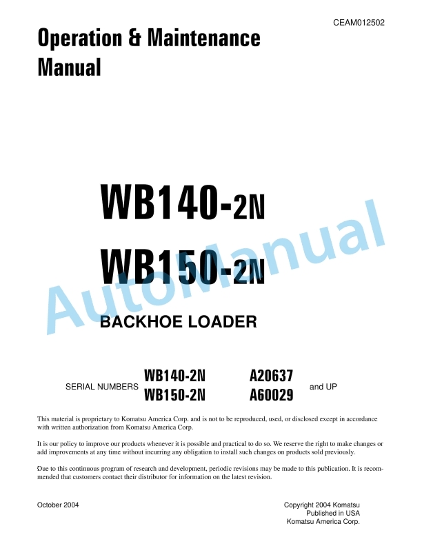 Komatsu WB140-2N, WB150-2N Backhoe Loader Operation and Maintenance Manual CEAM012502