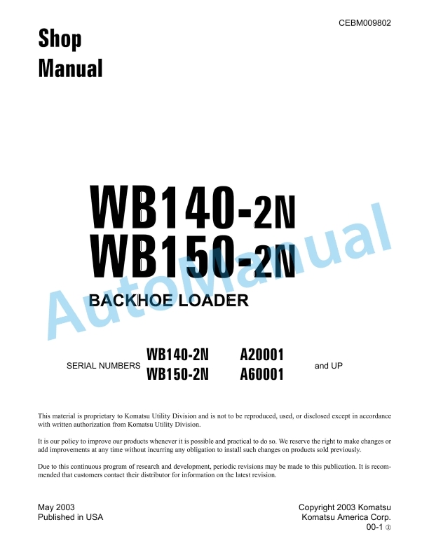 Komatsu WB140-2N, WB150-2N Backhoe Loader Shop Manual CEBM009802