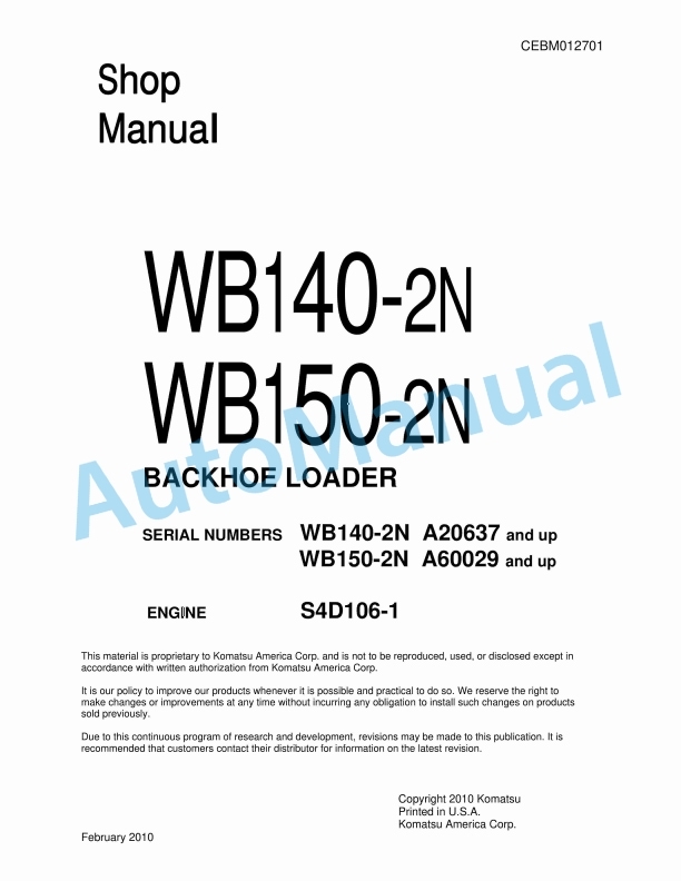 Komatsu WB140-2N, WB150-2N Backhoe Loader Shop Manual CEBM012701