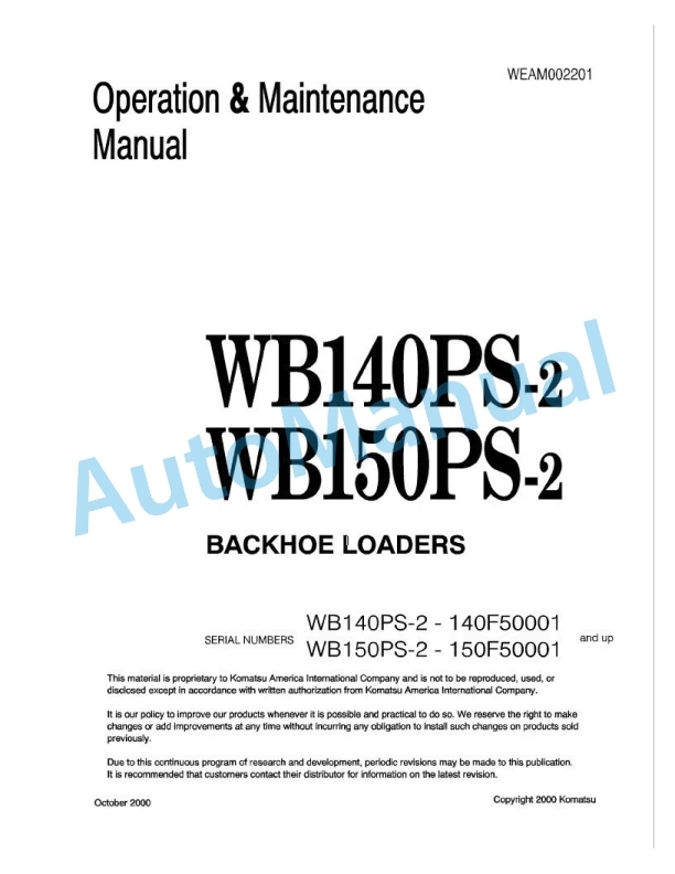 Komatsu WB140PS-2, WB150PS-2 Backhoe Loader Operation and Maintenance Manual WEAM002201