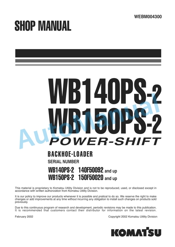 Komatsu WB140PS-2, WB150PS-2 Power-Shift Backhoe Loader Shop Manual WEBM004300