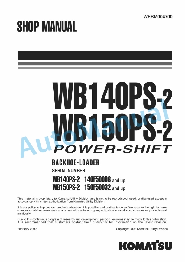 Komatsu WB140PS-2, WB150PS-2 Power-Shift Backhoe Loader Shop Manual WEBM004700