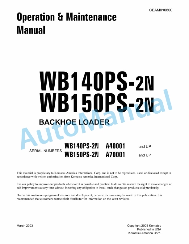 Komatsu WB140PS-2N, WB150PS-2N Backhoe Loader Operation and Maintenance Manual CEAM010800