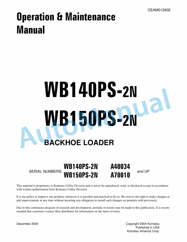Komatsu WB140PS-2N, WB150PS-2N Backhoe Loader Operation and Maintenance Manual CEAM012602
