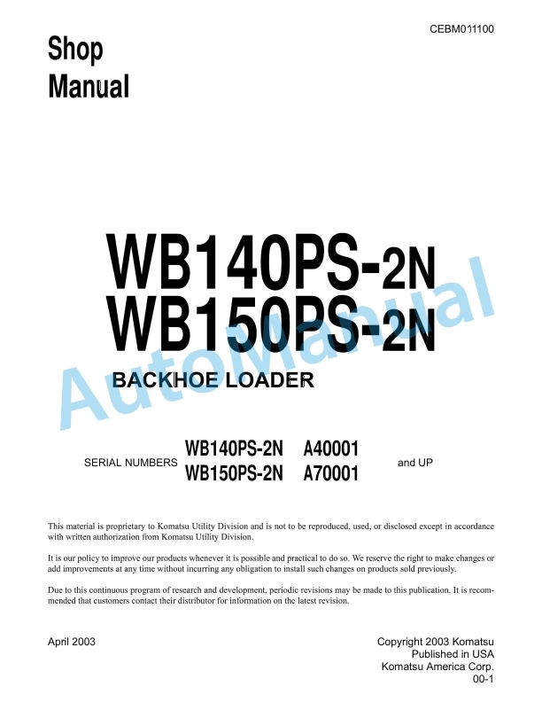 Komatsu WB140PS-2N, WB150PS-2N Backhoe Loader Shop Manual CEBM011100