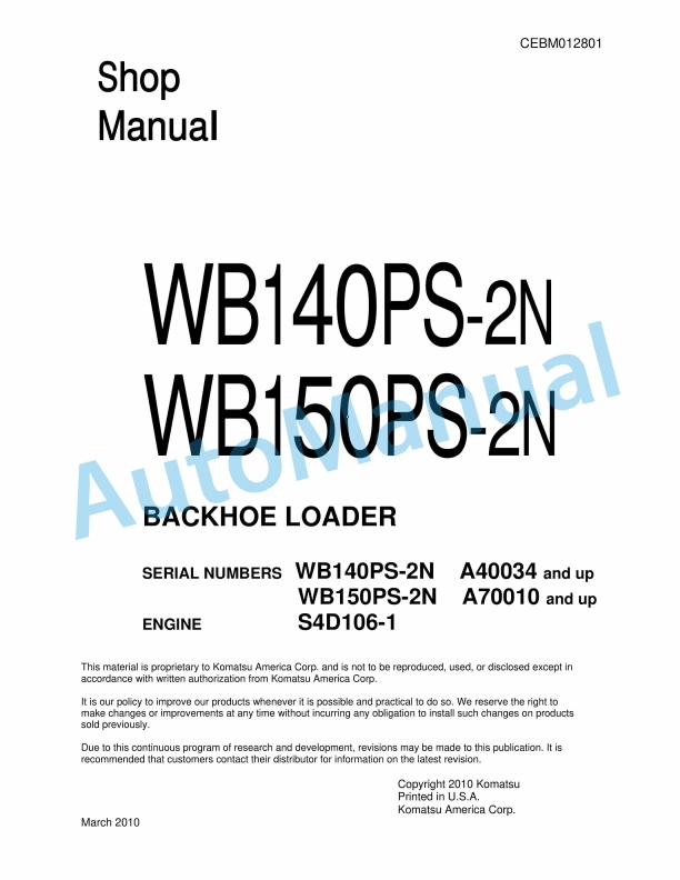 Komatsu WB140PS-2N, WB150PS-2N Backhoe Loader Shop Manual CEBM012801