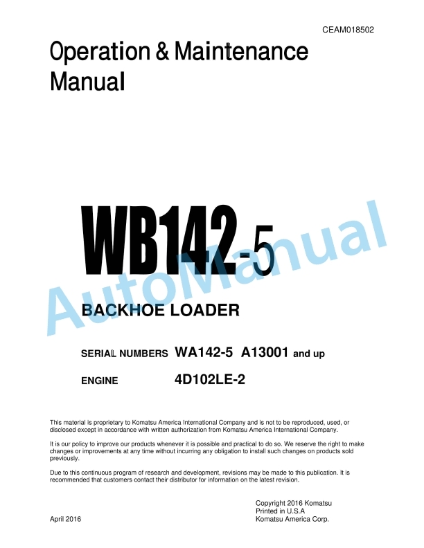 Komatsu WB142-5 Backhoe Loader Operation and Maintenance Manual CEAM018502