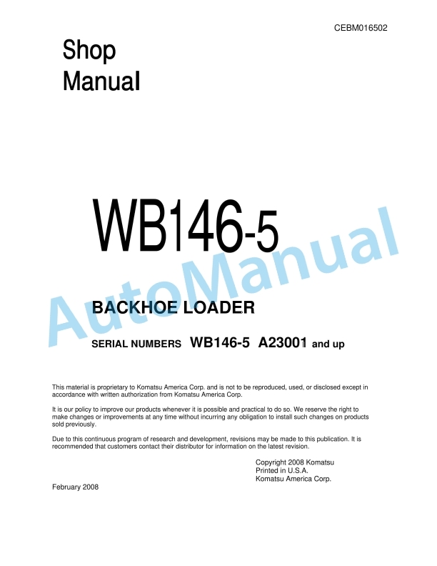 Komatsu WB146-5 Backhoe Loader Shop Manual CEBM016502