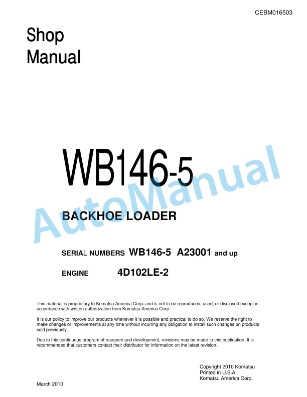 Komatsu WB146-5 Backhoe Loader Shop Manual CEBM016503