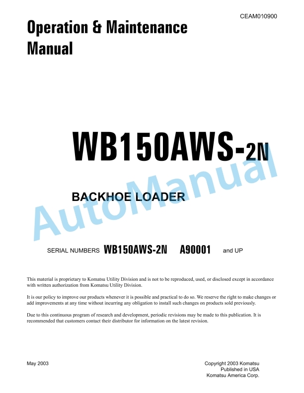 Komatsu WB150AWS-2N Backhoe Loader Operation and Maintenance Manual CEAM010900