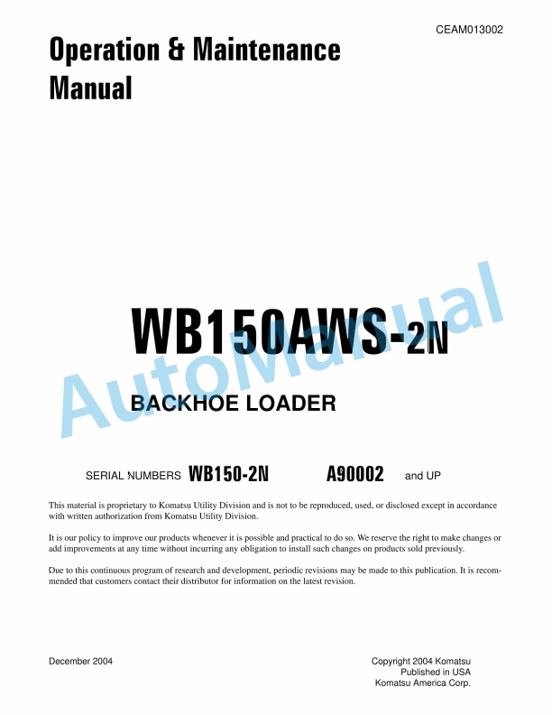 Komatsu WB150AWS-2N Backhoe Loader Operation and Maintenance Manual CEAM013002