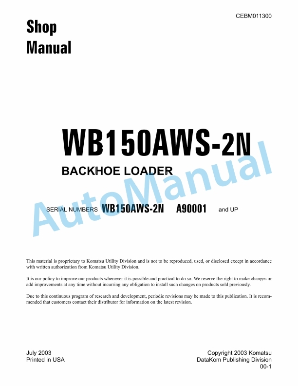Komatsu WB150AWS-2N Backhoe Loader Shop Manual CEBM011300