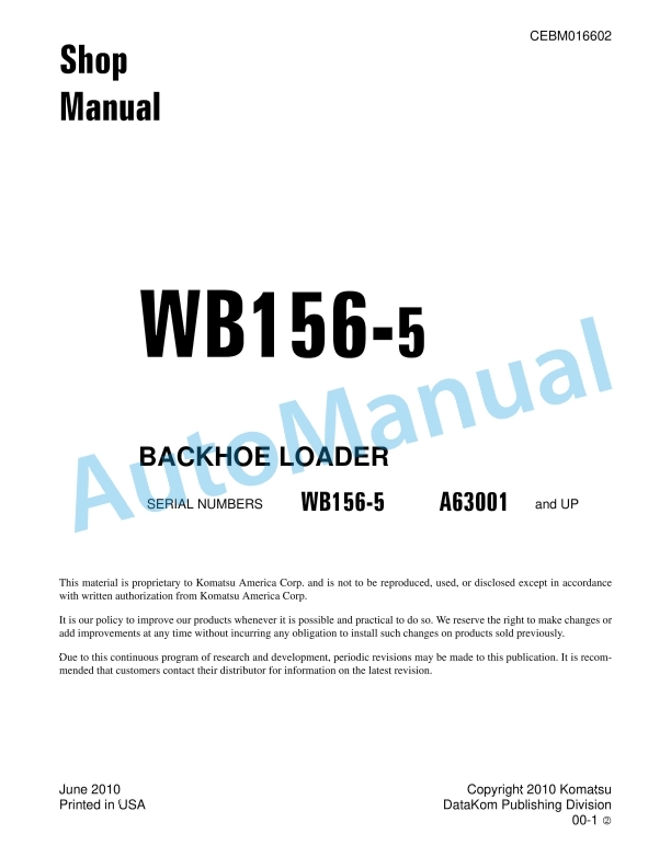 Komatsu WB156-5 Backhoe Loader Shop Manual CEBM016602
