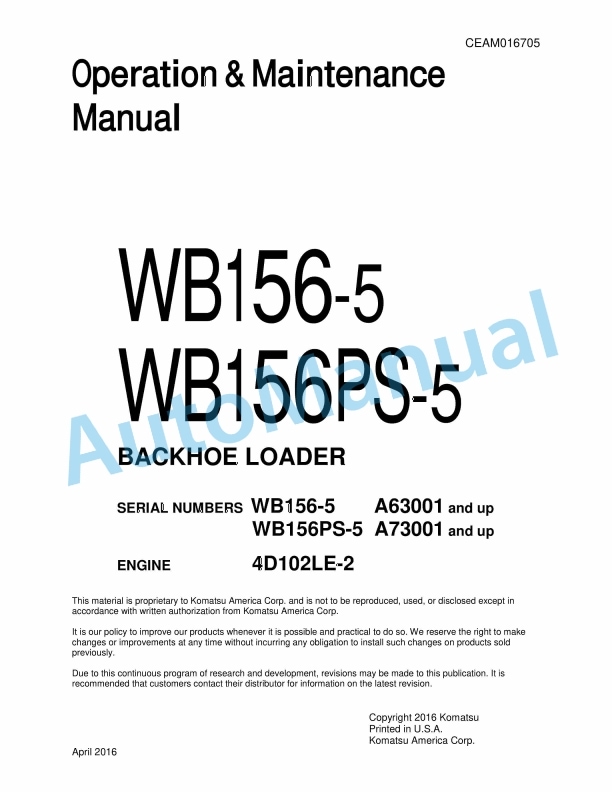 Komatsu WB156-5, WB156PS-5 Backhoe Loader Operation and Maintenance Manual CEAM016705