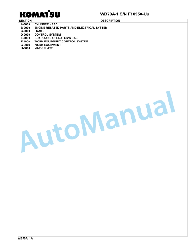 Komatsu WB70A-1 Backhoe Loader Parts Manual F10950-up