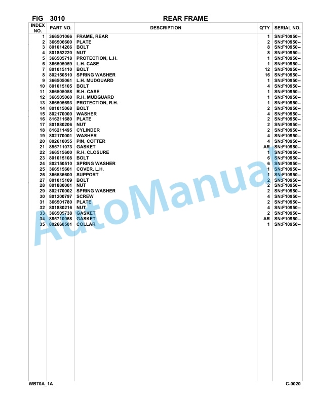 Komatsu WB70A-1 Backhoe Loader Parts Manual F10950-up-2